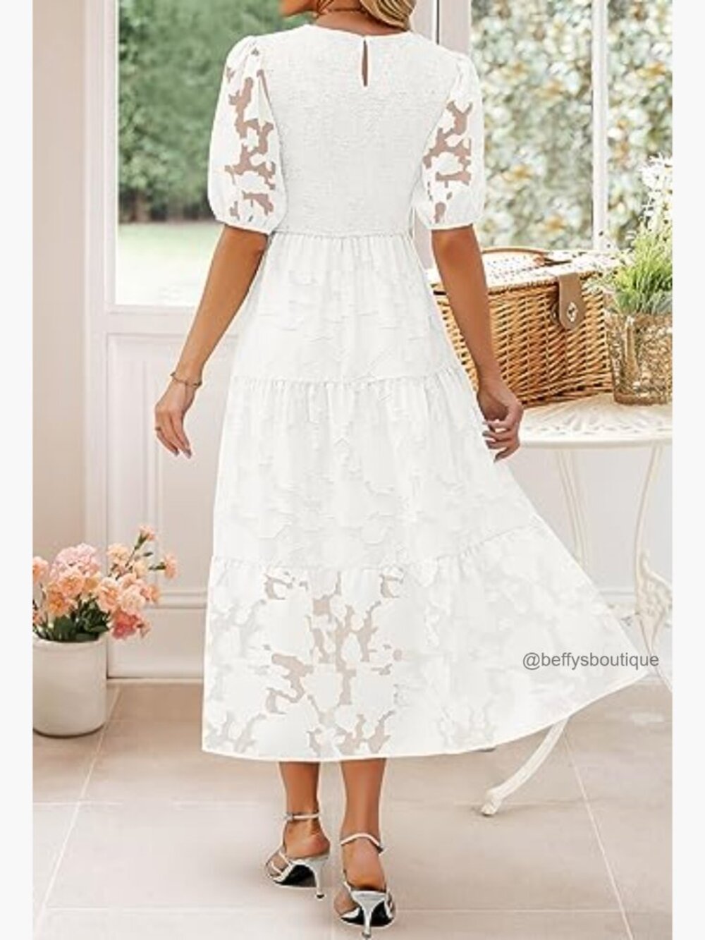 Short Puff Sleeve Smocked Floral Lace Tiered Maxi Dress - Picture 4 of 7